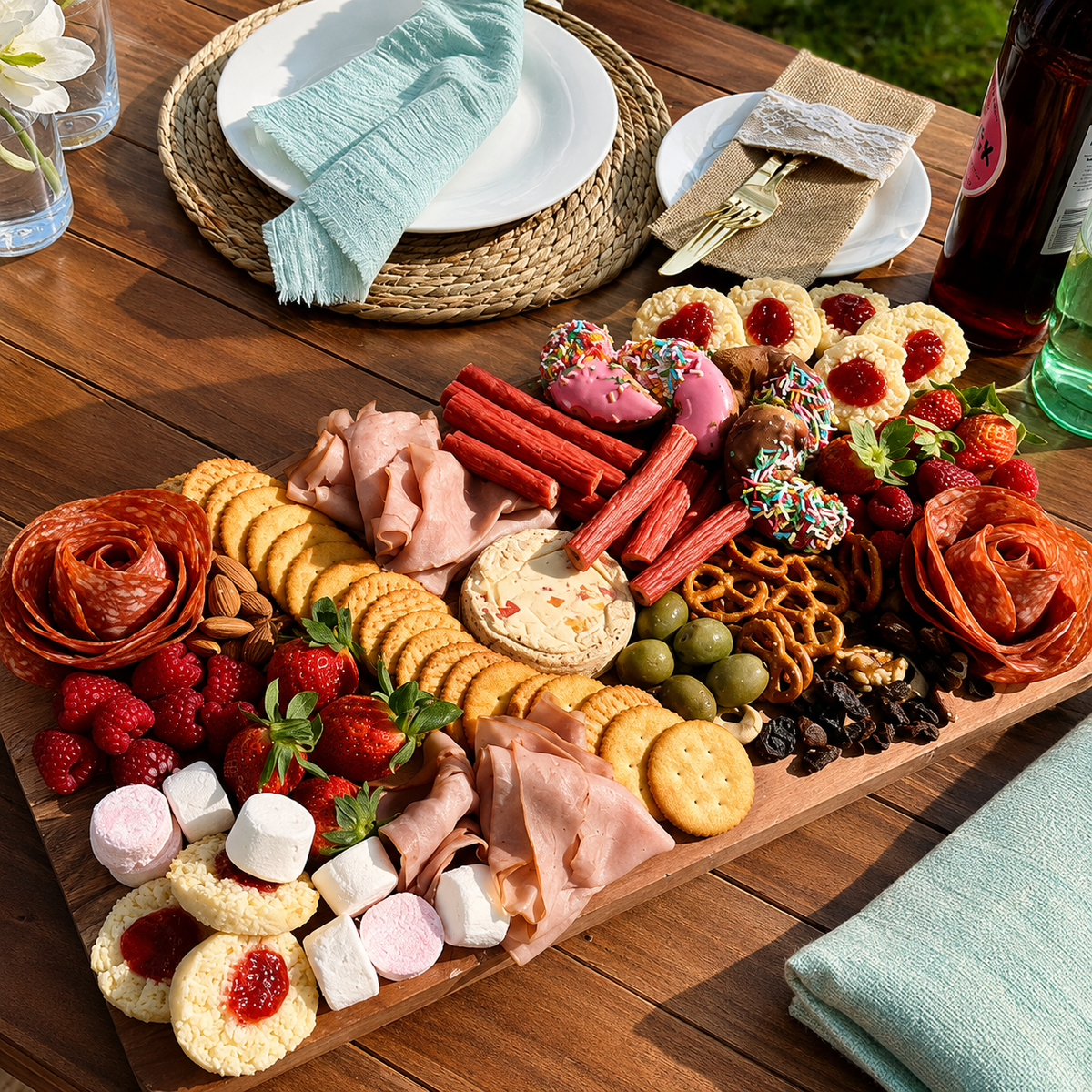 A large charcuterie and snack board arranged on a wooden table, featuring crackers, pretzels, cheese, fruit, candy, and cured meats, with plates and napkins placed around it in an outdoor setting.