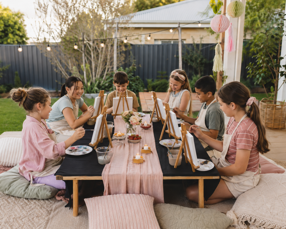 A group of children sitting on cushions around a low table, painting at easels in a backyard patio setting with string lights, plants, and hanging lanterns.