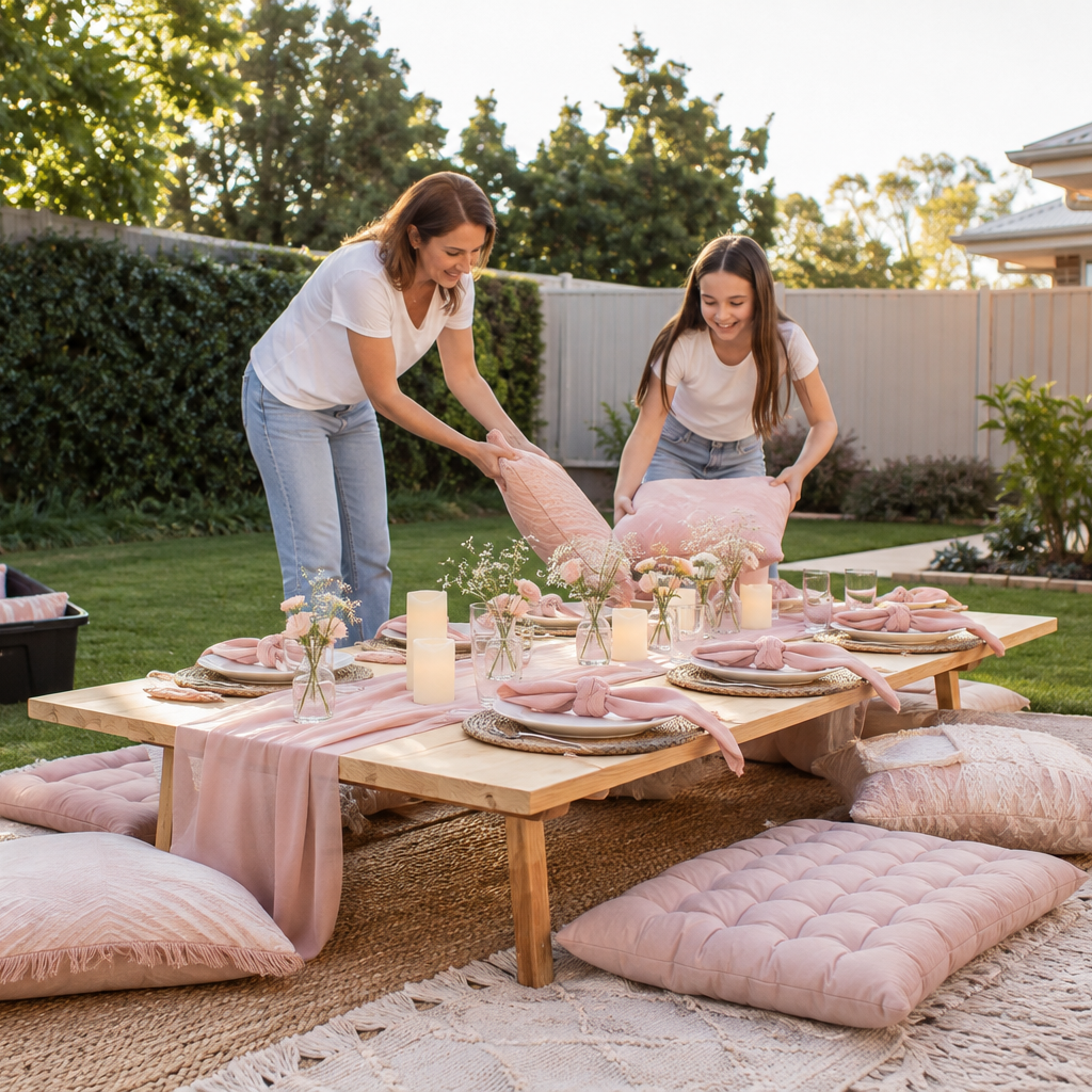 Two women setting up a low wooden table with pink bedding, pillows, candles, and floral centerpieces in a backyard garden scene.