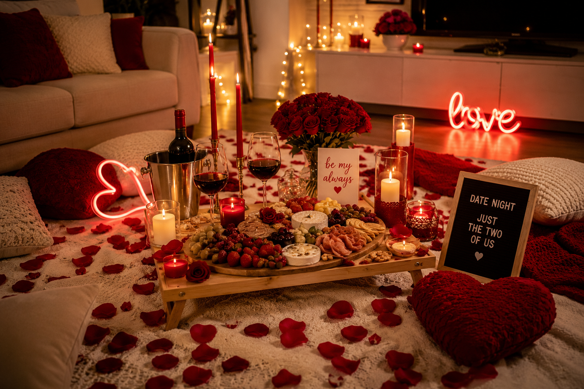 Romantic dinner setup with candles, flowers, and 'love' sign in a cozy living room.