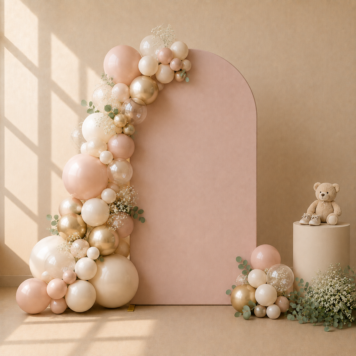 A decorative balloon garland arrangement in blush pink, cream, and metallic gold tones draped over a pale pink arched backdrop, with matching balloons and floral accents on the floor and beside a small teddy bear pedestal.
