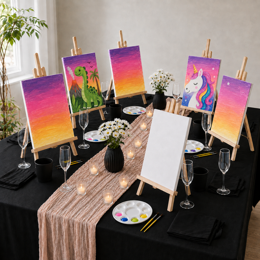 A styled event table setup with six colorful canvas art prints on wooden easels, including designs of a volcano, a dinosaur, a sunset, a unicorn, and an empty blank canvas. The table is decorated with a pink textured runner, white flowers, wine glasses, paint palettes, and candles on a black tablecloth.