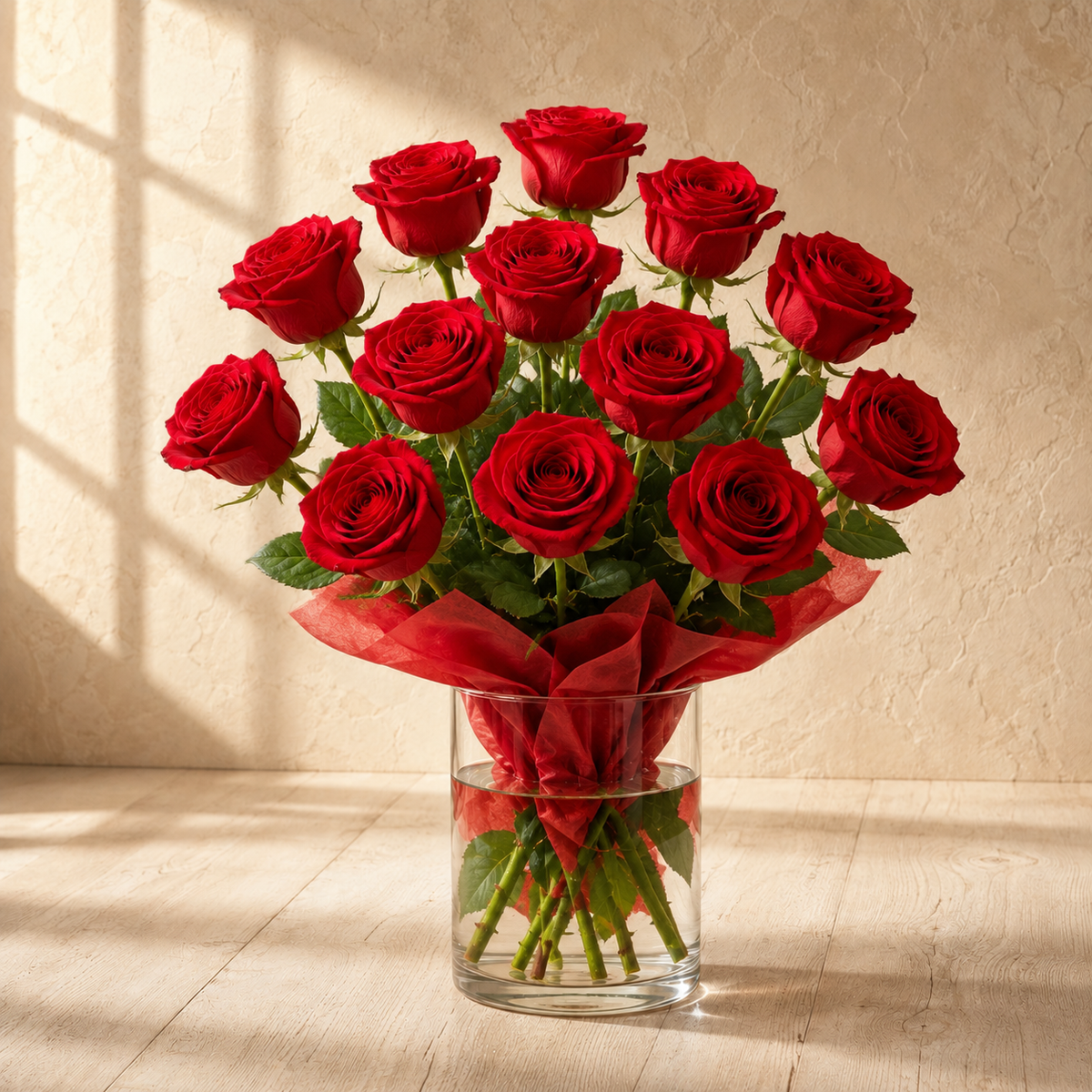 A bouquet of 12 red roses in a clear glass vase with red wrapping paper, set on a light wood floor against a textured beige wall with warm window shadows.
