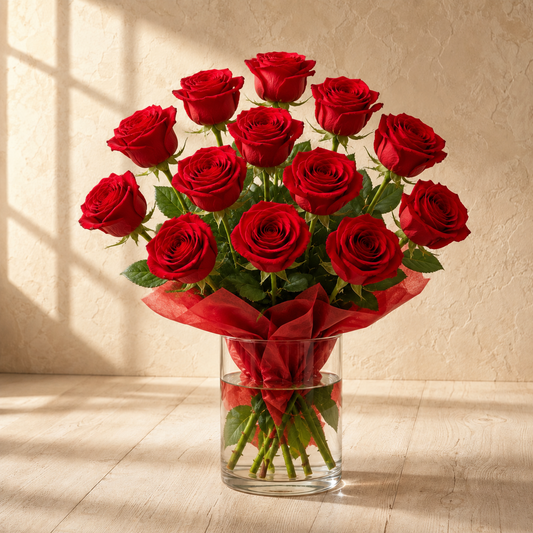 A bouquet of 12 red roses in a clear glass vase with red wrapping paper, set on a light wood floor against a textured beige wall with warm window shadows.