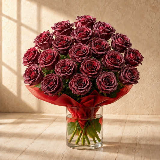 A large bouquet of deep burgundy red roses arranged in a clear glass vase with green stems, wrapped in red paper and bow, set on a light wood floor against a textured beige wall with window shadow patterns.