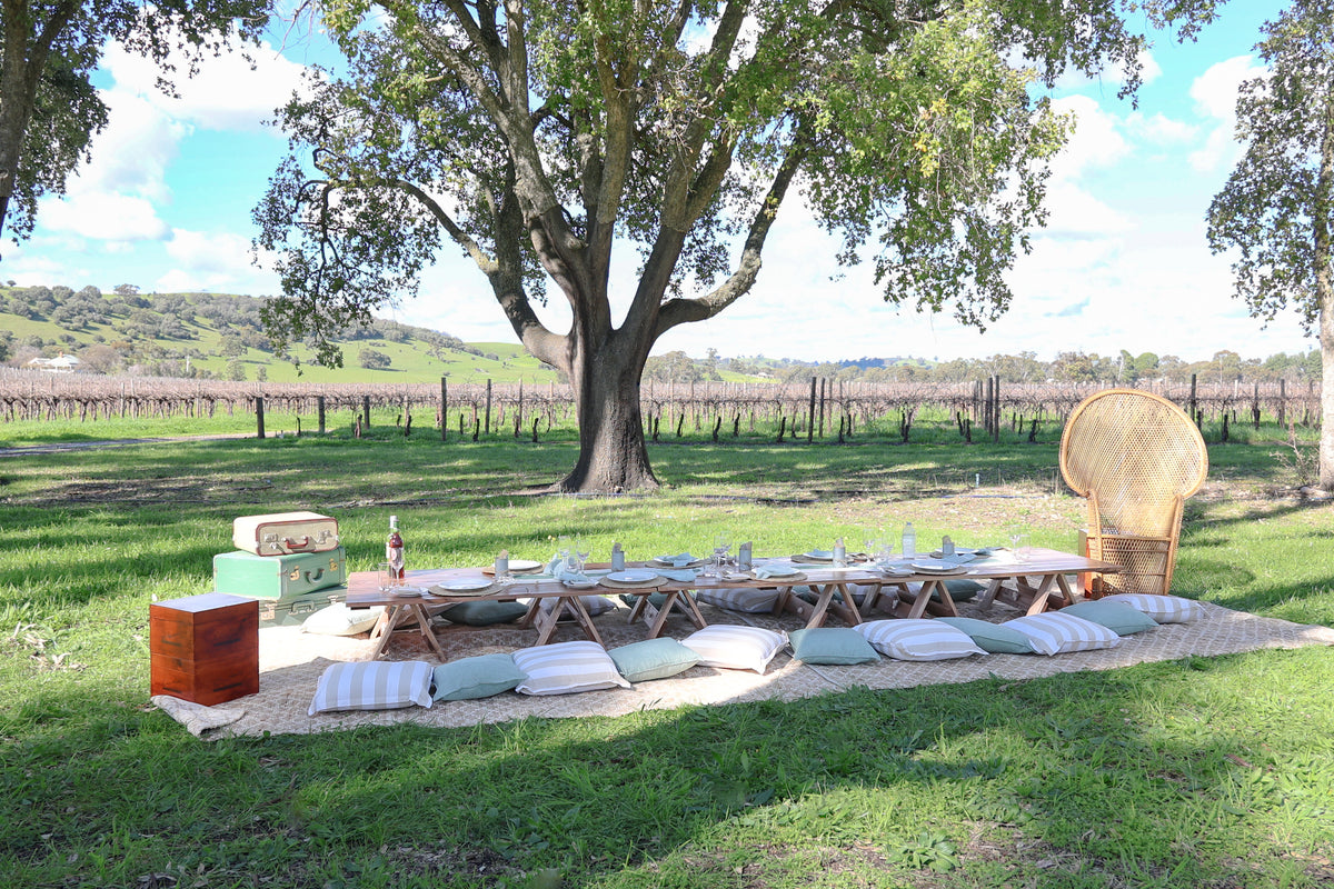 An outdoor picnic setup on a grassy lawn beneath a large tree, featuring a long wooden table with place settings, striped pillows, a woven peacock chair, and a small green cooler, with a vineyard and hills in the background.
