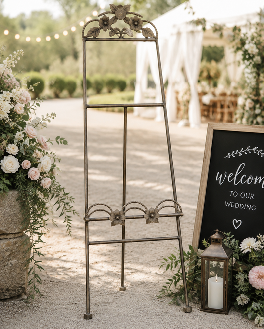 An ornate vintage-style metal wedding guest book stand in a rustic outdoor venue setting, flanked by floral arrangements and a welcome sign.