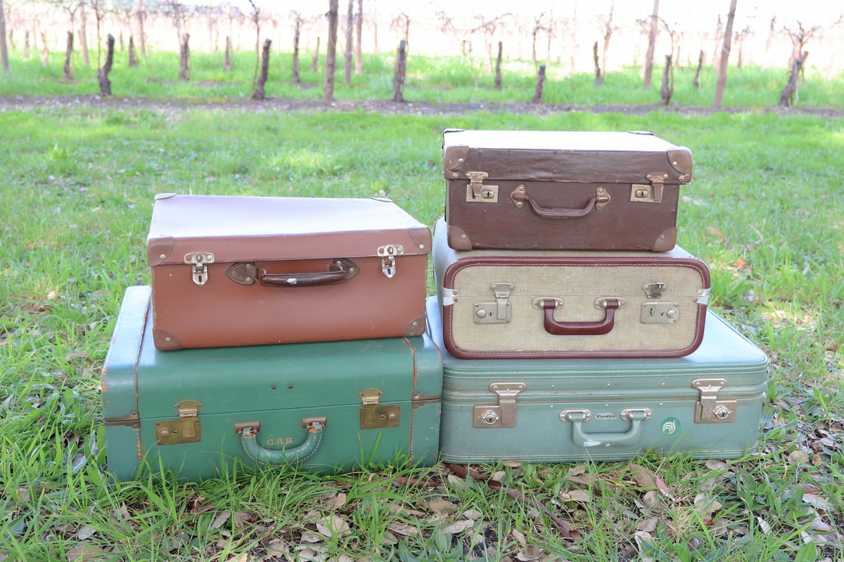 Four vintage-style hard cases stacked outdoors on grass in a vineyard. The set includes two teal green cases, one dusty rose pink case, and one dark brown case, with brass-tone metal hardware.