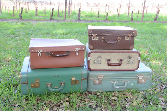 Four vintage-style hard cases stacked outdoors on grass in a vineyard. The set includes two teal green cases, one dusty rose pink case, and one dark brown case, with brass-tone metal hardware.